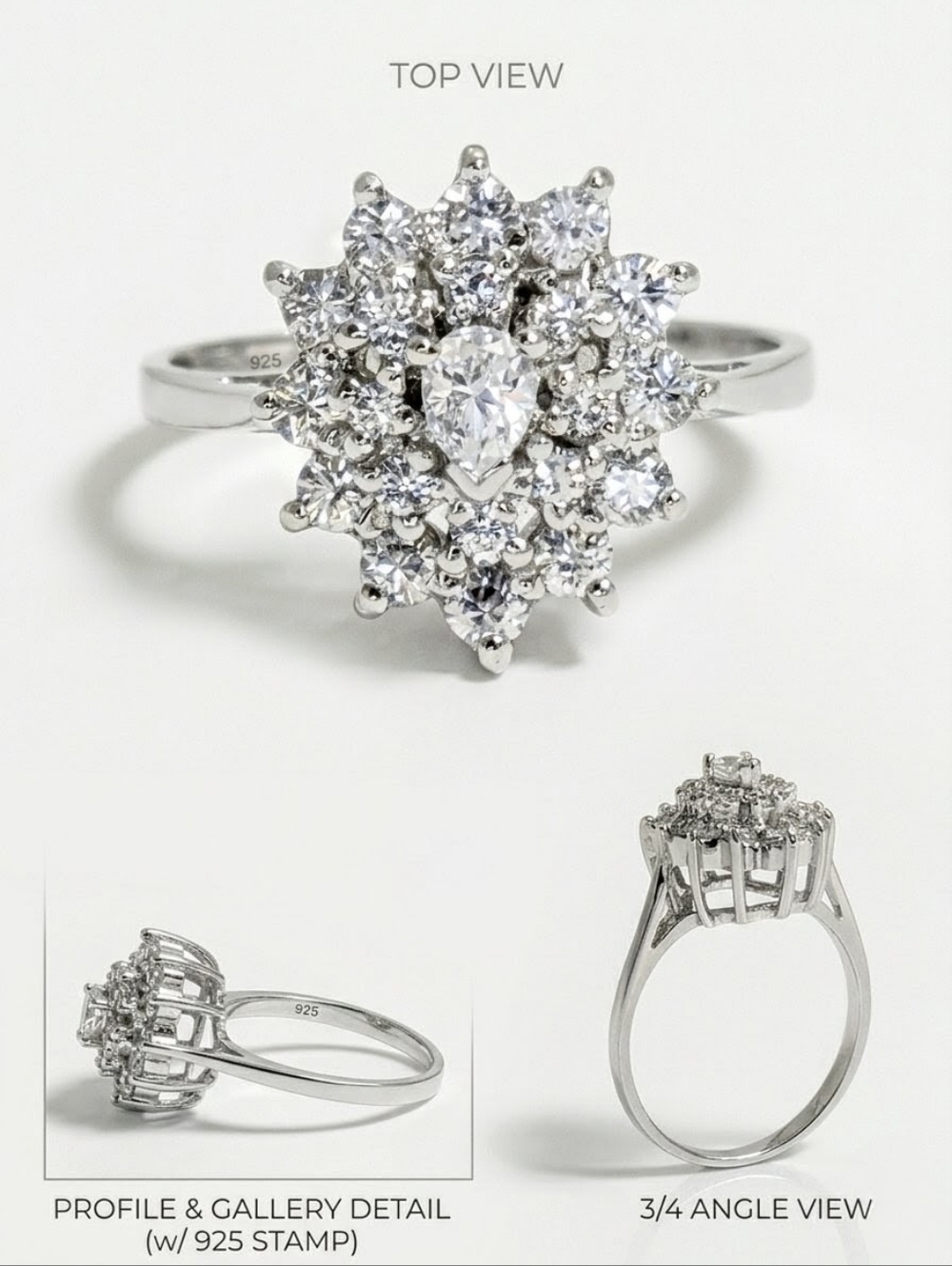 Vintage 925 Sterling Silver 5A High-Dispersion Starburst Cocktail Ring Rhodium - Picture 4 of 7